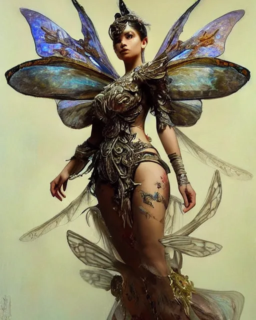 Image similar to Moth Fairy Maiden with large moth like wings wearing ornate dress by Ruan Jia and Andrei Riabovitchev, featured on Artstation, Hyperdetailed, stylized, realistic oil on linen, masterpiece, fantasycore, dark Academia