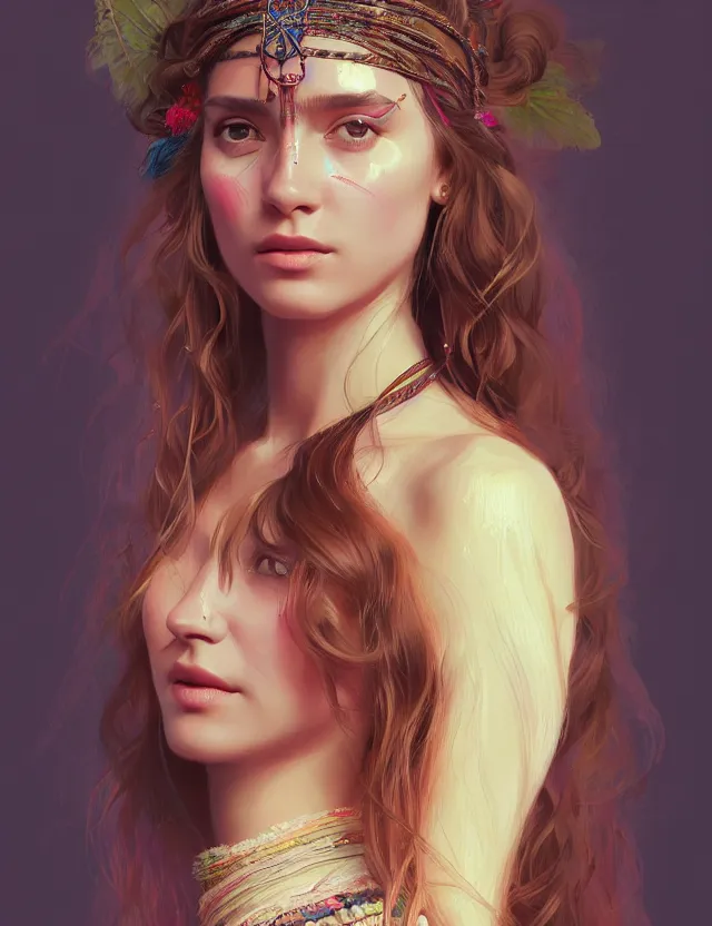 Prompt: portrait of a young woman wearing a boho dress, hippie girl, long hair, groovy hairband, bangs, intricate, smooth, groovy lighting, highly detailed, digital painting, artstation, concept art, smooth, sharp focus, illustration, art by wlop, mars ravelo and greg rutkowski