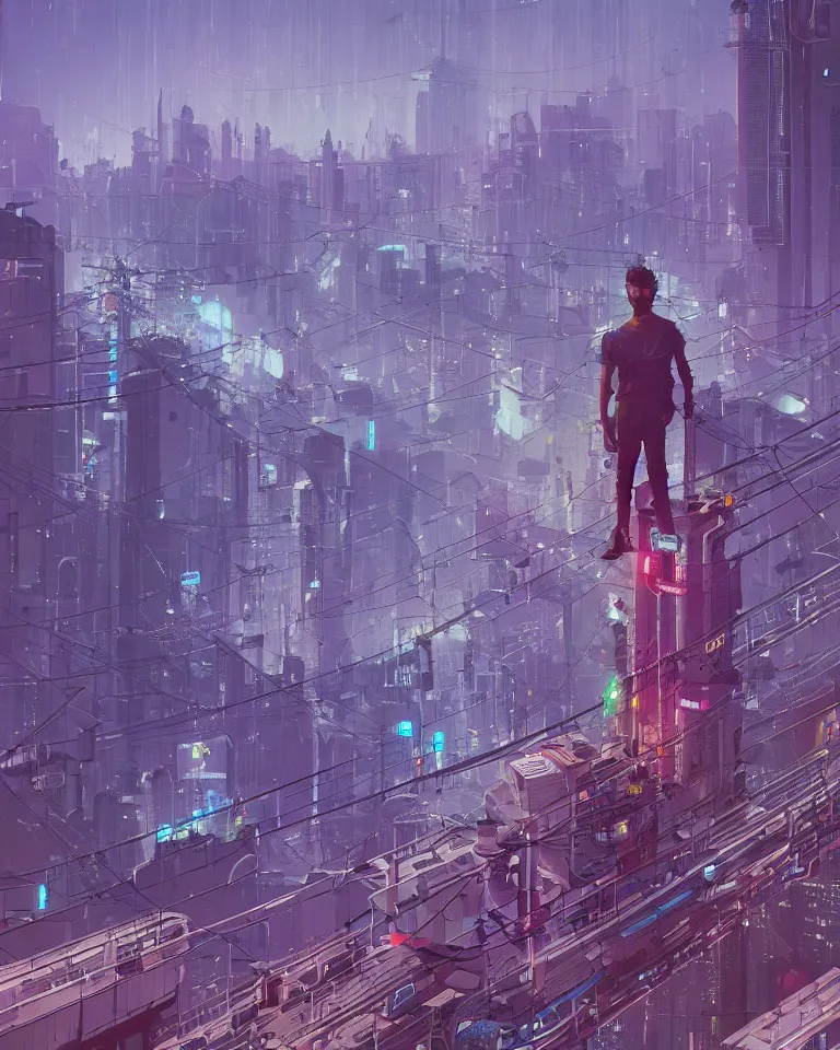 Image similar to a curly - haired persian guy standing on top of a bridge over a city, cyberpunk art by james gilleard, cgsociety, retrofuturism, synthwave, cityscape