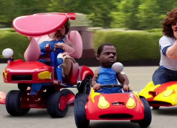 Image similar to peter dinklage racing gary coleman driving a little tikes cars, movie still, from the new fast and furious movie, 8 k, realistic