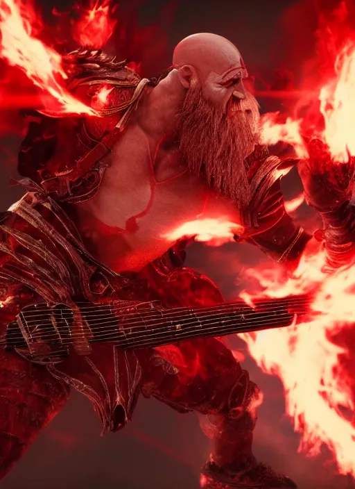 Prompt: red facial stripe armored screaming kratos rocking hard on a flaming stratocaster guitar, cinematic render, god of war 2 0 1 8, playstation studios official media, lightning, flames, clear, coherent, guitar