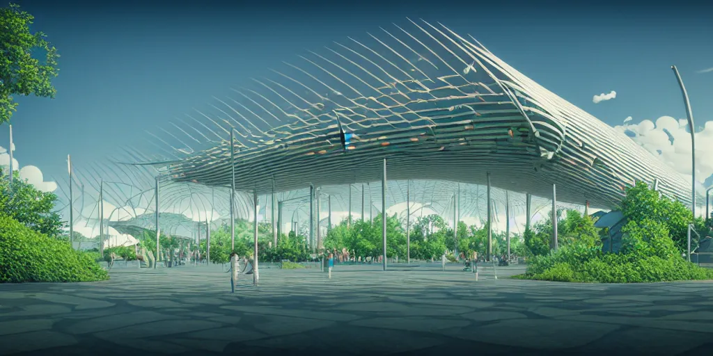 Prompt: montreal expo 6 7 pavillion, solarpunk, studio ghibli, jean - baptiste monge, octane render, 4 k, symmetry