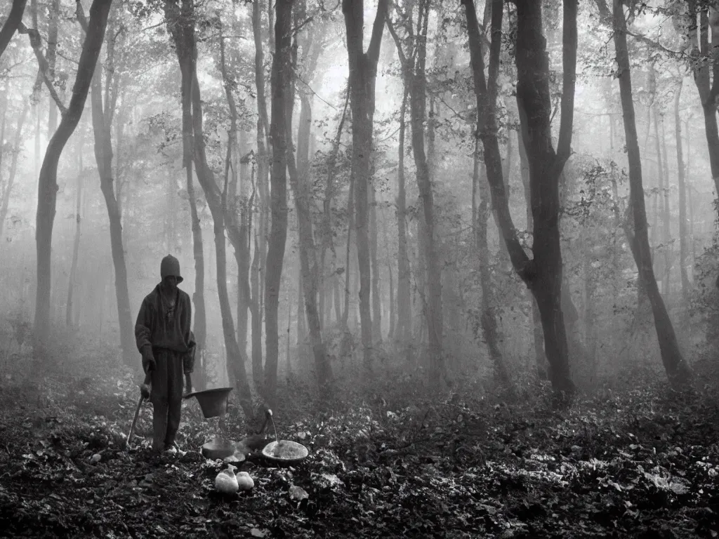 Prompt: Black and white 35mm film old photograph of an impoverished young mushroom picker for mushrooms in a forest blanketed with mushrooms and fog. Deep shadows and highlights and sunflair. Wide shot. bokehlicious.