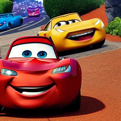 Image similar to cars movie with the face of David Copperfield, pixar