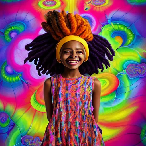 Image similar to a wide angle shot of a happy black girl with colorful dreadlocks in a field of candy, by Adi granov and afarin sajedi and amanda sage and evgeni gordiets and Agostino Arrivabene and adonna khare in a psychedelic portrait style, ultrarealistic matte painting, volumetric lighting, fractal, extremely symmetrical, highly detailed face, orisha, 8k, hd