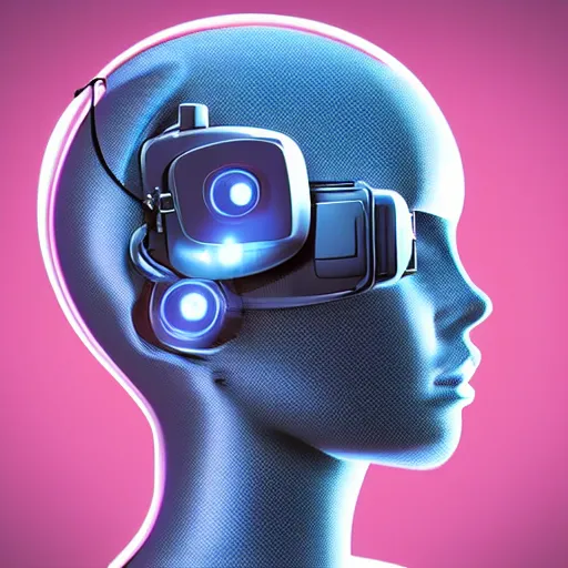 Image similar to retro vintage sci - fi, female cyborg robot wearing vr headset, 3 d illutration, profile portrait, night, detailed, cyberpunk style,