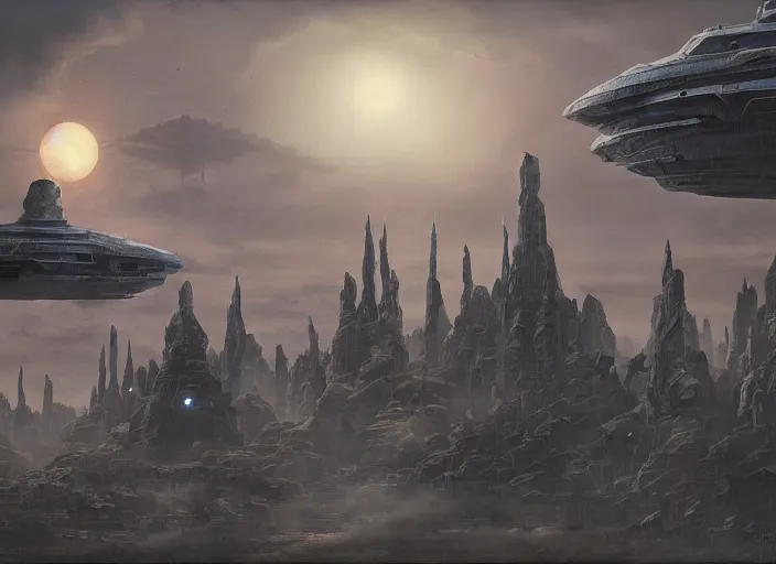 Prompt: a group of strange looking structures in the sky, a detailed matte painting by Jason A. Engle, cgsociety, afrofuturism, matte painting, concept art, sci-fi