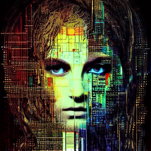 Image similar to portrait of an elven druid modest woman, mysterious, glitch effects over the eyes, shadows, by Guy Denning, by Johannes Itten, by Russ Mills, centered, glitch art, innocent, hacking effects, chromatic, cyberpunk, color blocking, digital art, concept art, abstract