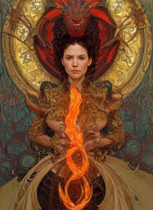 Image similar to portait of a dragon, fire, lava, intricate, highly detailed, centered, digital painting, artstation, concept art, smooth, sharp focus, illustration, art by Kekai Kotaki and donato giancola and alphonse mucha