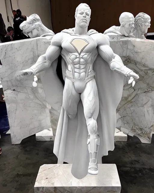 Image similar to a giant white marble sculpture depicting the Justice league, detailed, intricate Marble sculptures of The Superman, Wonder Woman all carved out of one giant Block of Marble