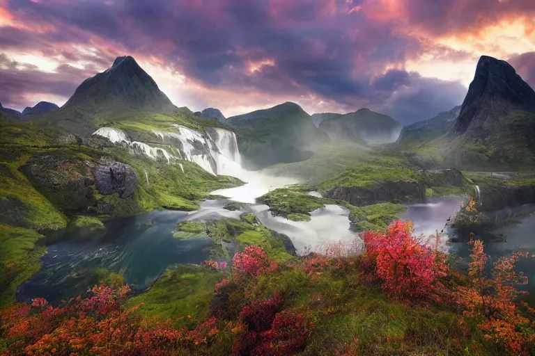 Image similar to Gediminas Pranckevicius amazing landscape photo of mountains of Norway with lake and castle on top of a waterfall with infinite view at sunset by marc adamus beautiful dramatic lighting ,