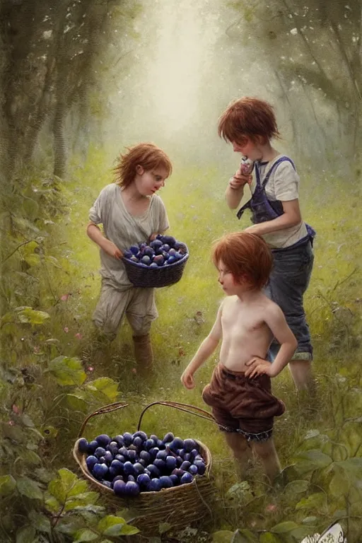 Image similar to kids picking huge blueberries | esoteric symbolism | jean - baptiste monge, esao andrews, bastien lecouffe - deharme, tim jacobus, ken currie | ultra - detailed realism, soft cinematic lighting, hi - fructose, artstation, high - quality, ink watercolors wes anderson poster art