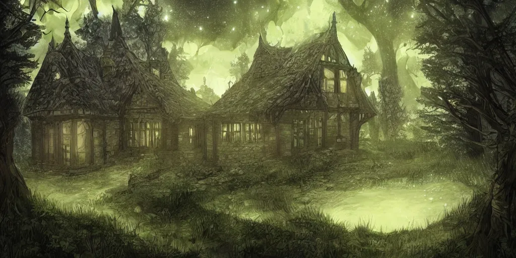 Prompt: manor in the middle of the forest, at night, no light, green, blue, bright, artstation, detailled, manga!!!, fantasy!!!!!!