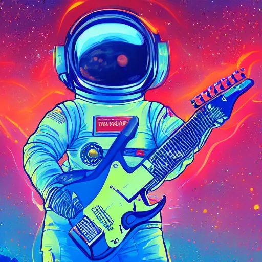 Prompt: wide angle full body of astronaut playing electro guitar, anime, manga, kim jung gi, irakli nadar, background by alena aenami, bright colors, stars shining, intricate linework, unreal engine 5 highly rendered, global illumination, radiant light, detailed, rendered, gorgeous