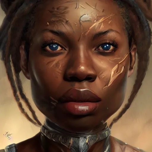 Image similar to beautiful, very strong, african american, female, middle aged, face, no makeup, no tattoos, warrior, battle hardened, head shot, fantasy, highly detailed, digital painting, artstation, concept art, smooth, sharp focus, illustration, art by jodie muir and brom