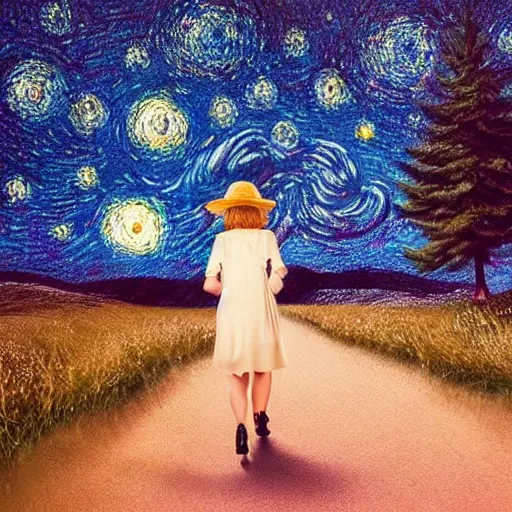 Image similar to most beautiful young face Gaelic woman walking under starry night, extremely detailed faces, photorealistic, cinematic