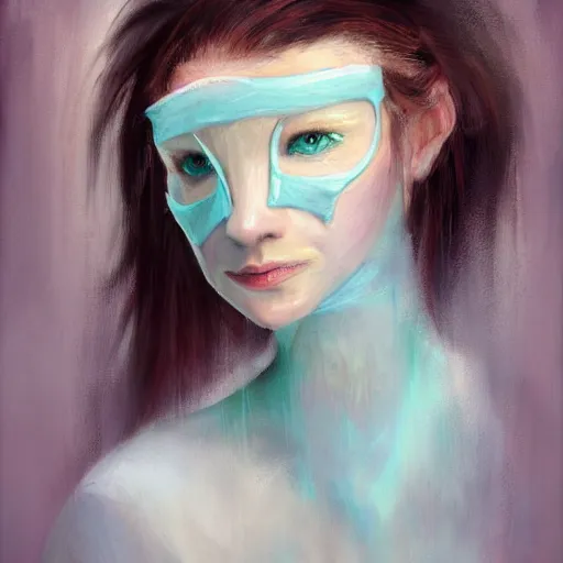 Image similar to ‘ icewind dale ’ themed womanly portrait by ‘ justin sweet ’, frost blue mask, falling snow, soft focus, oil paint,