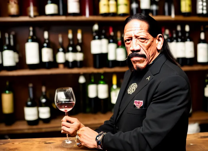 Image similar to photo of danny trejo working as a sommelier, 8 k, 5 2 mm f 1. 8