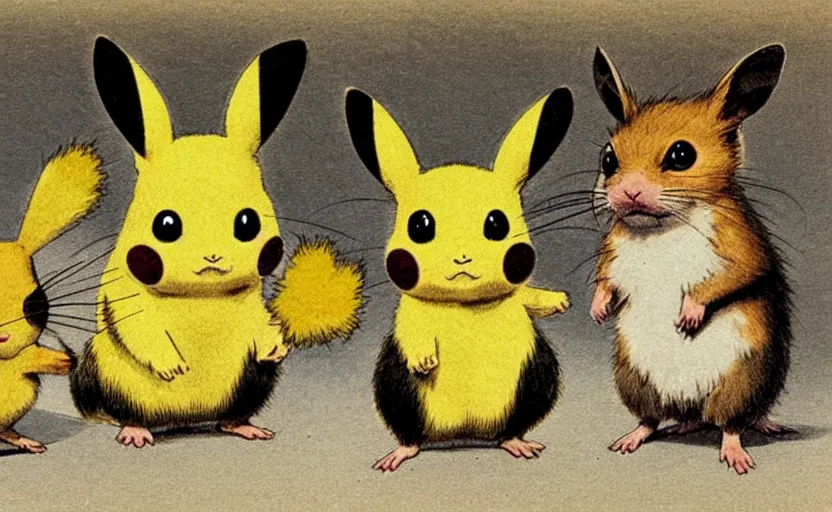 Image similar to scientific illustration of Pichu, Pikachu, and Raichu. Evolutionary line, comparative anatomy of electric mice.