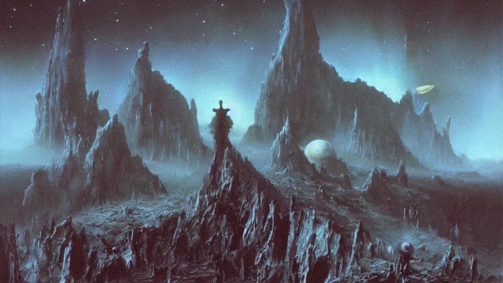 Prompt: eerie atmospheric alien planet empire by jack gaughan and bob eggleton and chris moore, epic cinematic matte painting