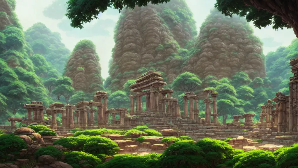 Image similar to ancient temple ruins, studio ghibli, pixar and disney animation, sharp, rendered in unreal engine 5, highly detailed, digital painting, artstation, concept art, smooth, sharp focus, illustration, wide angle, artbook, wallpaper, splash art, promo art, dramatic lighting, art by artgerm and greg rutkowski and bo chen and jin xiaodi