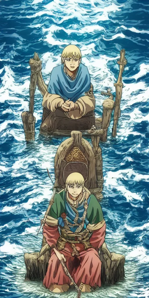 Prompt: a single lone king sitting on a throne floating on water in the middle of a lake drawn by Makoto Yukimura in the style of Vinland saga anime, full color, detailed, wide angle