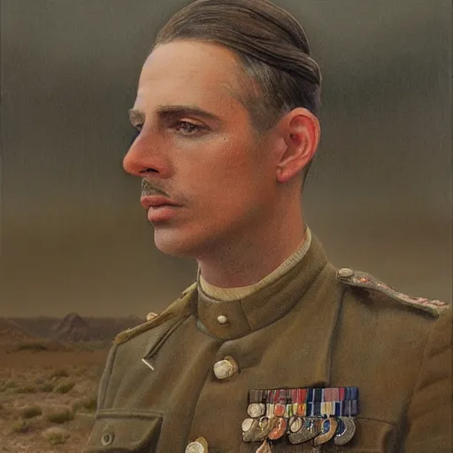 Image similar to a detailed photorealistic muted - color portrait painting of a 1 9 1 7 worried clean - shaven british lieutenant in field gear from the arab bureau in wadi rum, ultra realistic, intricate details, atmospheric, dark, brooding, highly detailed, by clyde caldwell
