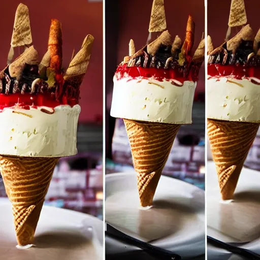 Image similar to tallest ice cream sundae trifle ever, surrounded by crowd, flash photography