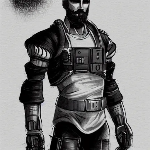 Prompt: character design policeman, concept art character, very high angle view, one arm of the robot body, book cover, very attractive man with beard, walking in cyberpunk valley highly detailed full body, strong masculine features, sturdy body, command presence, policeman!!, royalty, smooth, sharp focus, organic, appealing, deep shadows