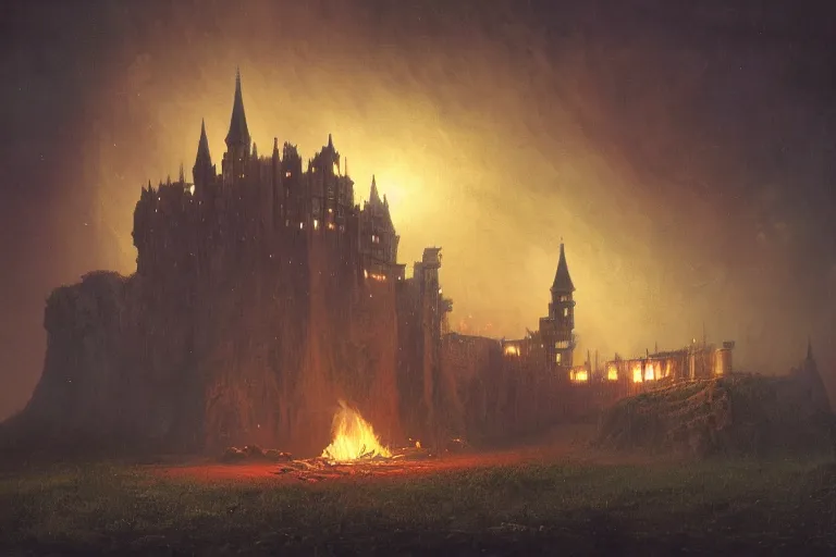 Prompt: a castle at night being lit up by the fire of a dragon, Les Edwards, Zdzislaw Beksinski, Carl Gustav Carus, John Harris, Michal Karcz, Zhang Kechun, Mikko Lagerstedt, Scott Listfield, Steven Outram, Jessica Rossier