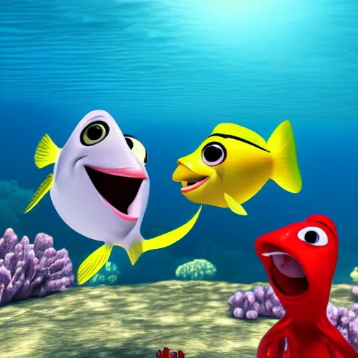 Image similar to a 3d render of two fish underwater watching a boat , in the style of a pixar cartoon, disney cartoon