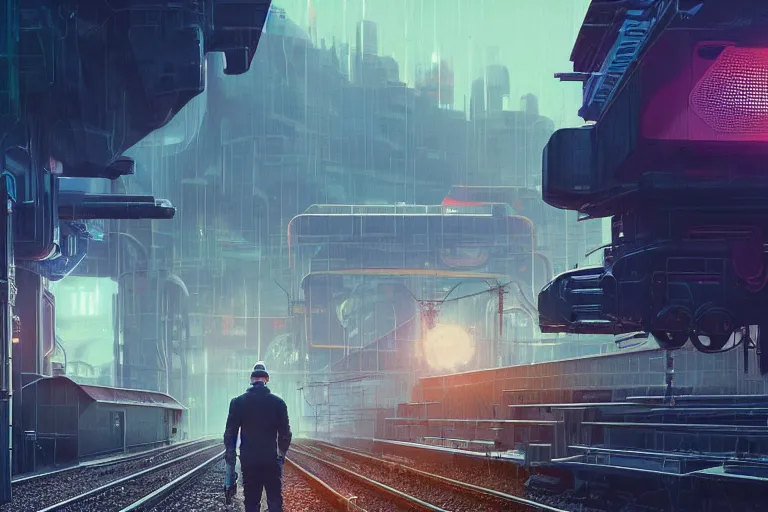 Image similar to a man standing in front of a train on a train track, cyberpunk art by mike winkelmann, trending on cgsociety, retrofuturism, reimagined by industrial light and magic, darksynth, sci - fi