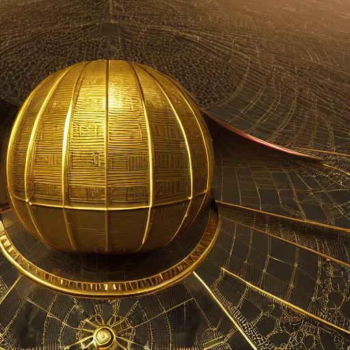 Image similar to hyper detailed hardsurface modelled 3 d geometry, houdini destruction of aminimalist design temple, tarnished gold sphere is far far in the distance, deep perspective, wide angle, insanely detailed and intricate,, eal, gold, silver red, paradise hospital environment,