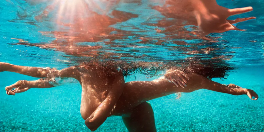 Image similar to portrait of beautiful woman of color in ocean , swimming up to a boat, sun rays ,caustics , 35mm film , cinematic, wide angle view, looking up, underwater photography