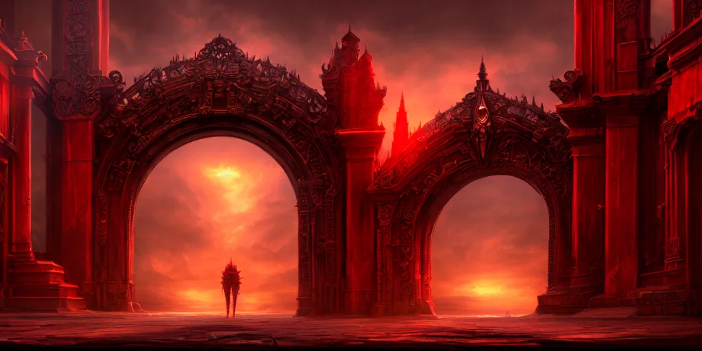 Image similar to huge gate, environment, illustration, red, colors, epic scene, symmetrical, golden raito, high quality, intricate details, details, intricate, atmosphere, highly detailed, matte painting, cinematic, deviantart, realistic, concept art, 4 k