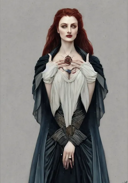 Image similar to sansa angeline jolie gessica chastain victorian vampire, intricate, elegant, highly detailed, digital painting, artstation, concept art, smooth, sharp focus, illustration, art by artgerm and greg rutkowski and alphonse mucha and william - adolphe bouguereau