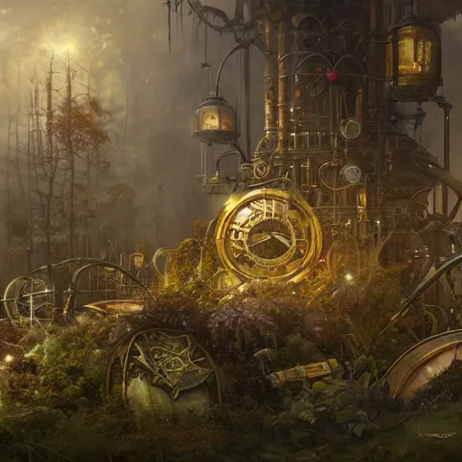 Image similar to a ultradetailed beautiful concept art of the core of a steampunk machine where vegetation have start to peacefully grow, dramatic lighting, dynamic lighting, cinematic lighting, concept art, high resolution 4 k, by tom bagshaw, greg rutkowski, charli bowater and artgeem