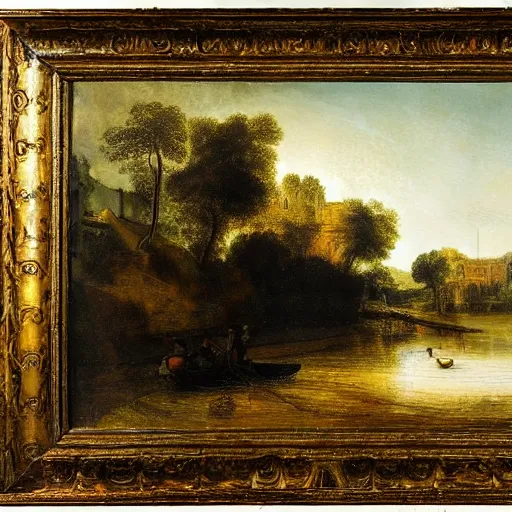 Prompt: An intricate, extremely detailed painting in a style of rembrandt featuring a river in Europe, surrounded by trees and fields. A dinghy is slowly moving through the water. Sun is shining.