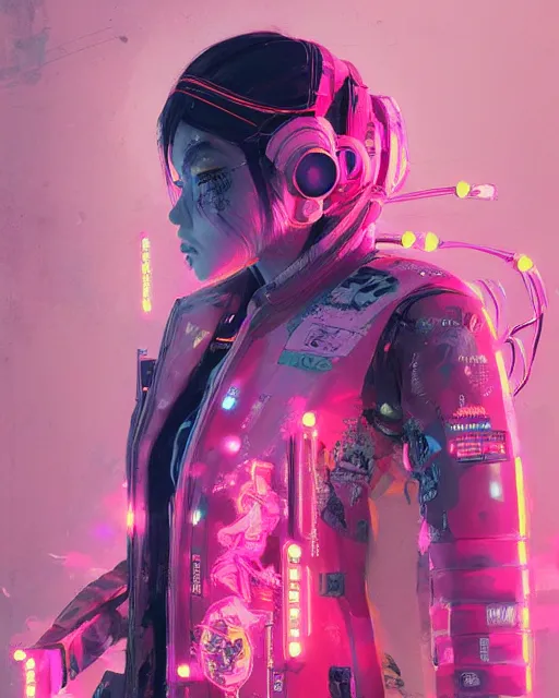 Image similar to detailed full body side profile portrait Neon Operator Girl, cyberpunk futuristic neon, reflective puffy coat, decorated with traditional Japanese ornaments by Ismail inceoglu dragan bibin hans thoma greg rutkowski Alexandros Pyromallis Nekro Rene Maritte Illustrated, Perfect face, fine details, realistic shaded, fine-face, pretty face