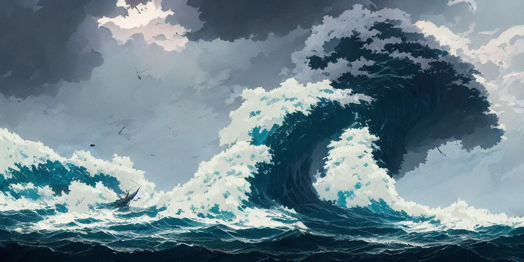 Image similar to A fishing boat rides a huge wave in a stormy sea, an intense storm blacks out the sky, fork lightning, dark and epic, Greg Rutkowski and Studio Ghibli