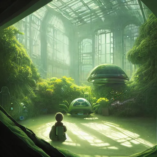 Image similar to , boy and grandma in sci - fi green house, spaceship, plants, stephen bliss, misty, unreal engine, pixar, fantasy art by greg rutkowski, loish, ferdinand knab, and lois van rossdraws, global illumination, radiant light, minimalist, detailed and intricate environment