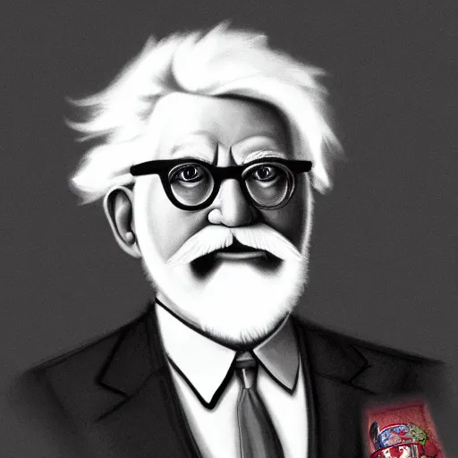 Image similar to courtroom sketch of colonel sanders, 4 k, hyper realistic, dslr, high resolution, landscape, beautiful