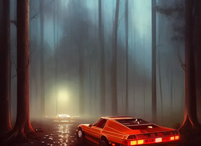 Image similar to detailed intricate digital illustration by greg rutkowski and artgerm and wlop and sanford robinson gifford ; 1 9 8 8 vehicle, glowing headlights, foggy forest in background ; 1 3 mm film, wide angle arri alfa anamorphic lens ; sharp focus, soft evening lighting, trending on artstation 4 k