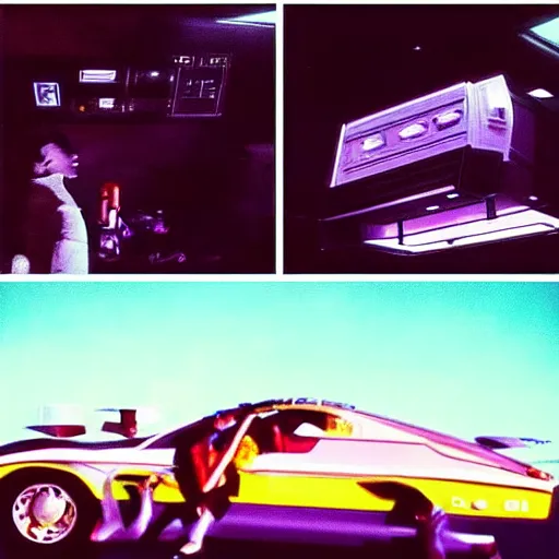 Image similar to “day to day life of a sci-fi spaceship crew. 80s Retrofuturism. Stills from a Candid home movie.”