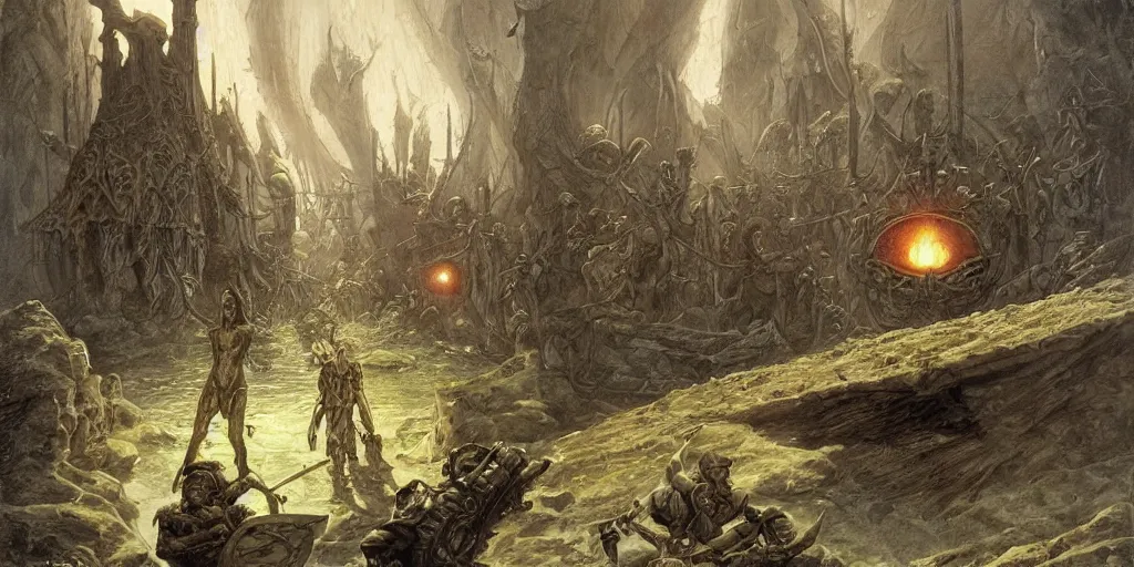 Image similar to art by john howe of the repelling of invaders by making a deal with the devil and finding a secret underwater entrance.