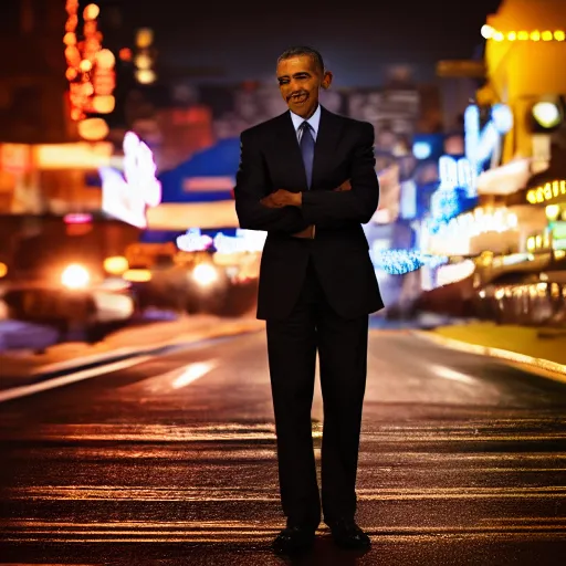 Image similar to a still of Barak Obama. Shallow depth of field. City at night in background, lights, colors ,studio lighting, mood, 4K. Profession photography