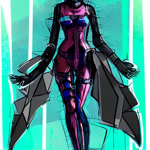 Image similar to cyberpunk outfit, fashion illustration, full body, character sheet, sketch, vivid colour, artistic, rough paper