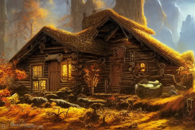 Image similar to morning autumn lonely cabin by rodney matthews, frank frazetta, trending on artstation.