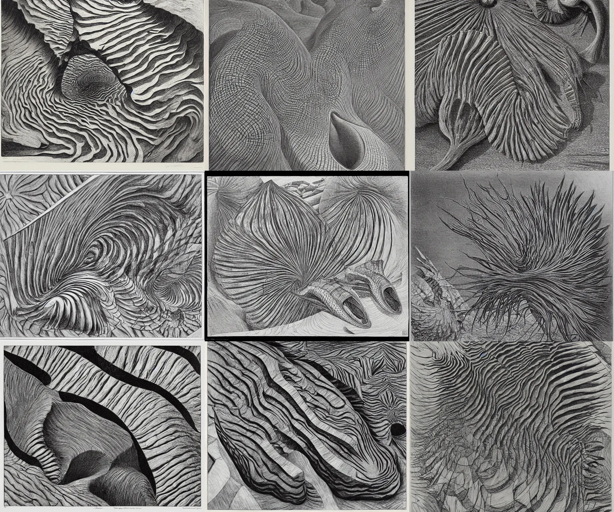 Prompt: a fossil from the burgess shale, drawn by m. c. escher and damien hirst and james tissot. woodblock, monochrome, 3 d, geometric, lithograph, hd
