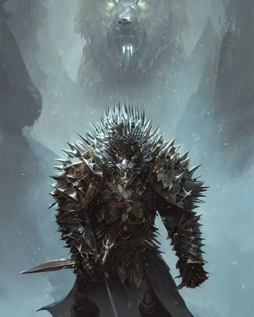 Prompt: Bear Spiky Armor, magic the gathering artwork, D&D, fantasy, cinematic lighting, centered, symmetrical, highly detailed, digital painting, artstation, concept art, smooth, sharp focus, illustration, volumetric lighting, epic Composition, 8k, art by Akihiko Yoshida and Greg Rutkowski and Craig Mullins, oil painting, cgsociety